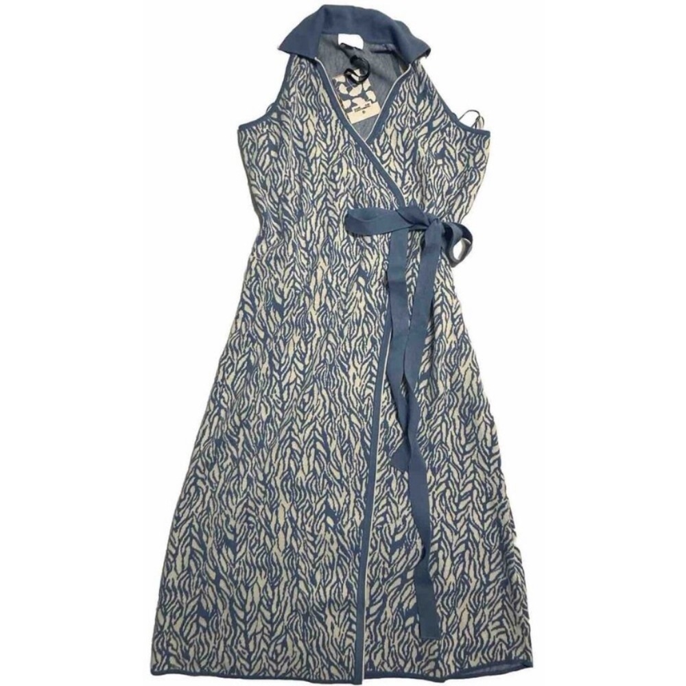 Diane Von Furstenberg DVF Target Collared Knit Wrap Dress Blue Sea Twig NWT - Picture 3 of 4